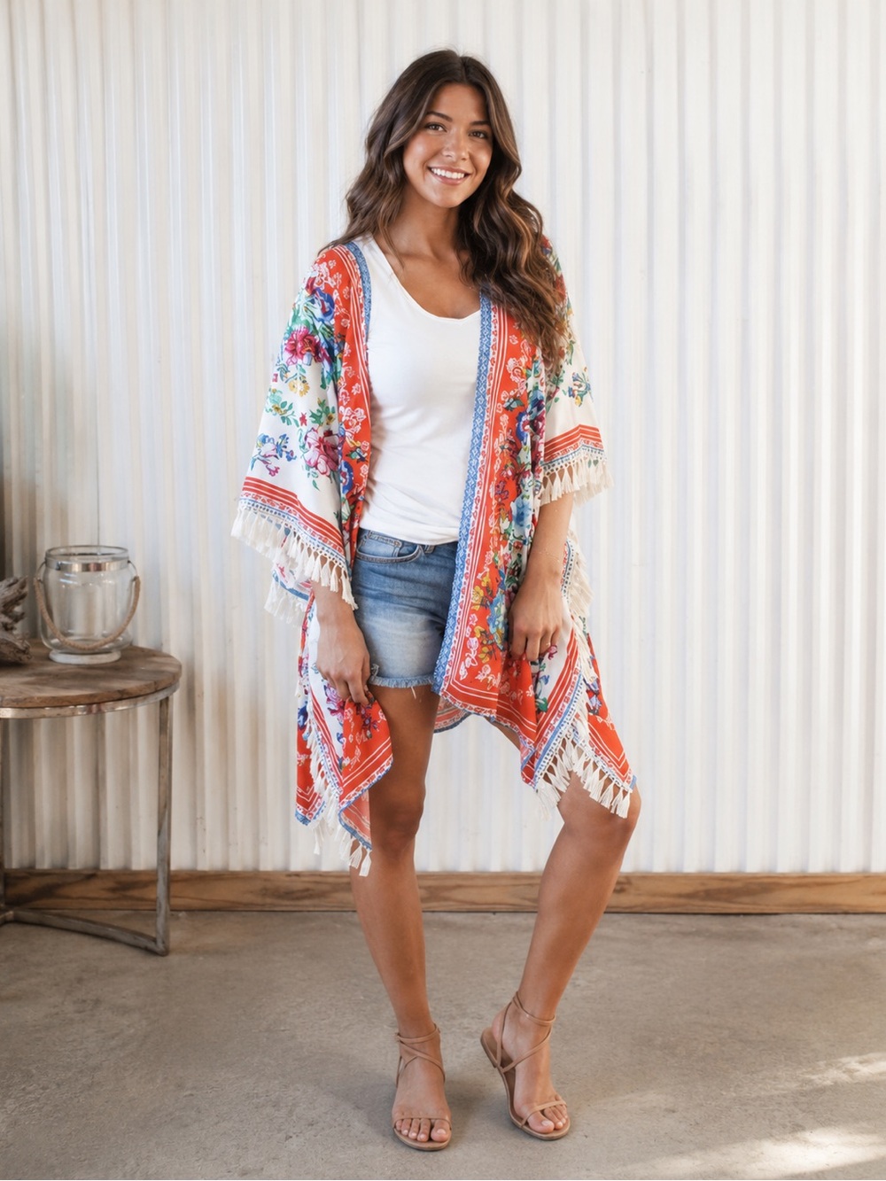 Umgee Coral & Blue Floral Kimono with Fringe Trim - Picture 3 of 5